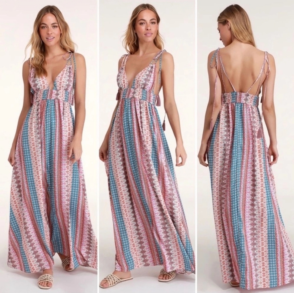 Lulus Maxin' Relaxin' Blue Multi Print Sleeveless Tie-Strap Maxi Boho Size Small